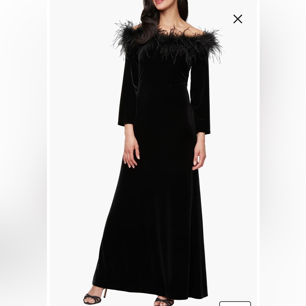 Alex Evenings Maribou Detail Off the Shoulder Long Sleeve Velvet Gown size 4